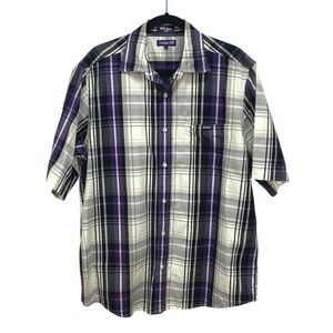 ECKO UNLTD Mens Plaid Button Down Shirt Short Sleeve Purple Gray Large